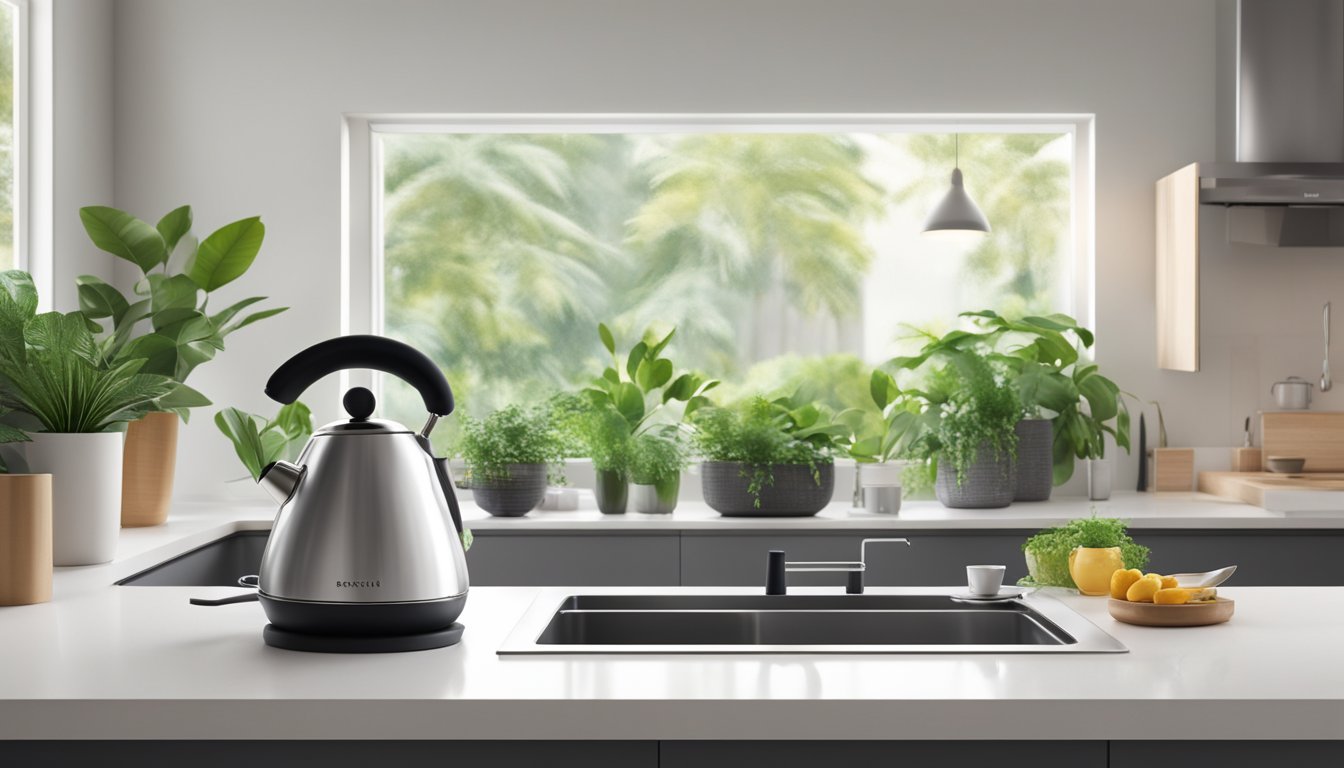 A sleek electric kettle sits on a modern kitchen countertop in Singapore, surrounded by lush green plants and natural light