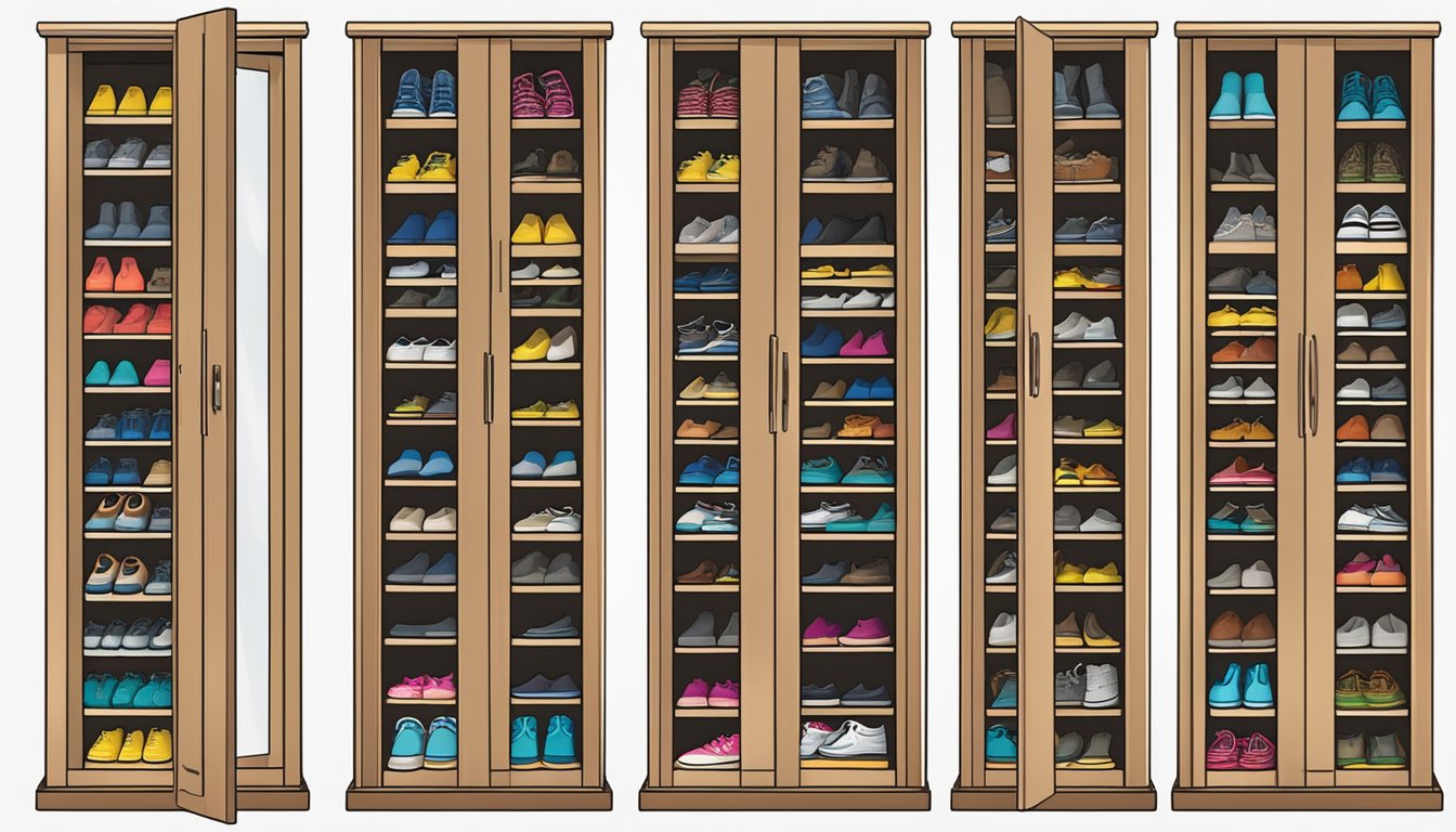 A shoe cabinet with multiple shelves, each with ventilation holes. Labels with "Frequently Asked Questions" are displayed on the cabinet doors