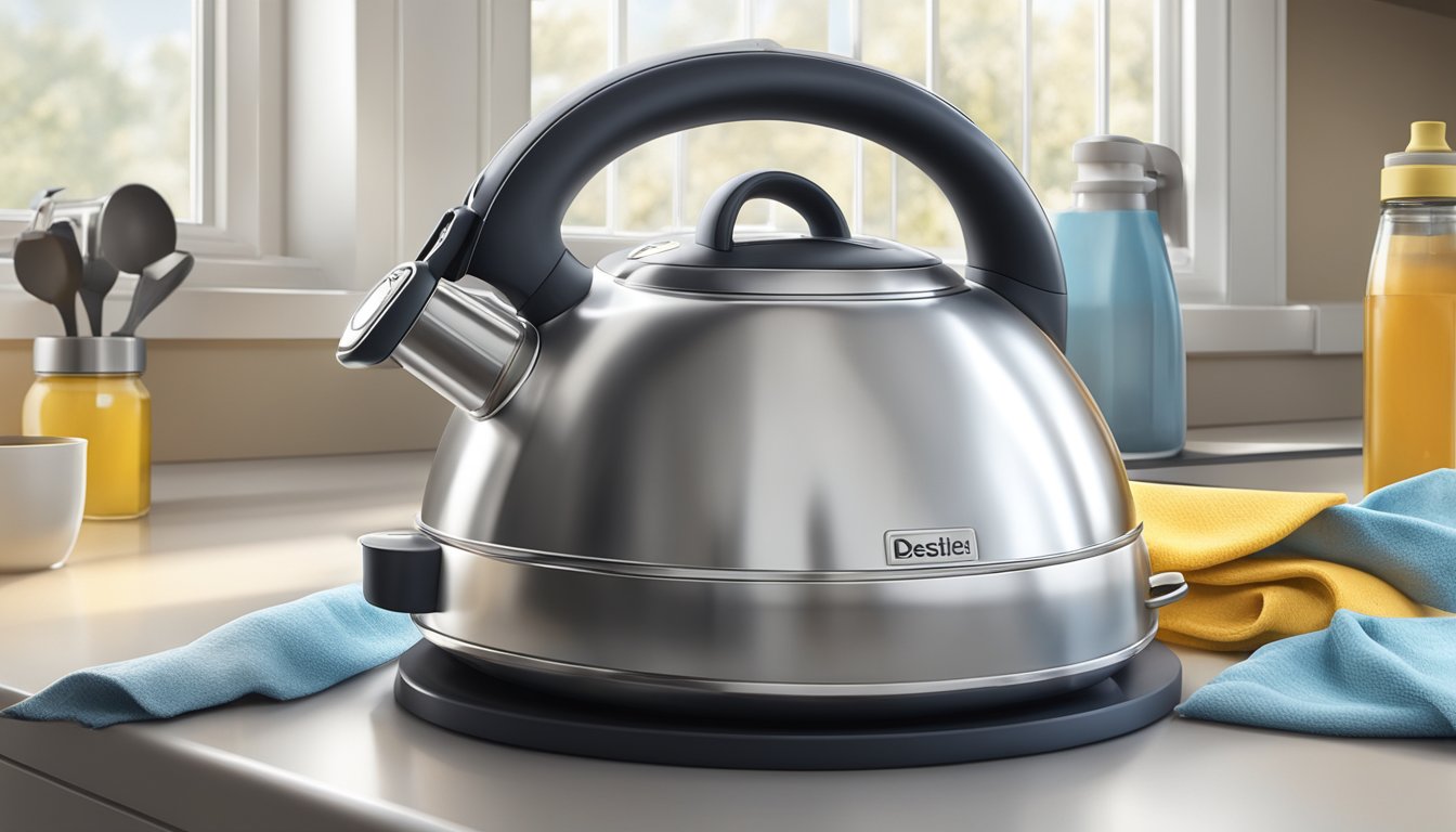 A kettle sits on a clean, clutter-free kitchen counter, gleaming with a polished stainless steel finish. A small bottle of descaling solution and a soft cloth are nearby, ready for maintenance