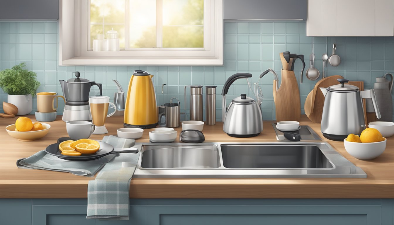 A modern kitchen with a sleek, stainless steel kettle on a countertop, surrounded by various tea and coffee accessories