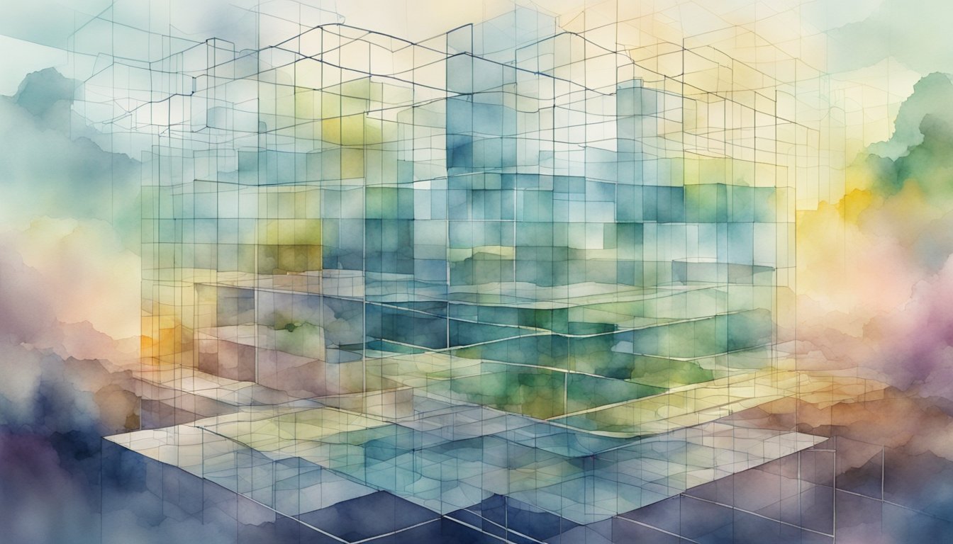 A digital landscape with pixelated elements and wireframe structures, surrounded by a grid-like framework, creating a sense of being enclosed within a simulated environment