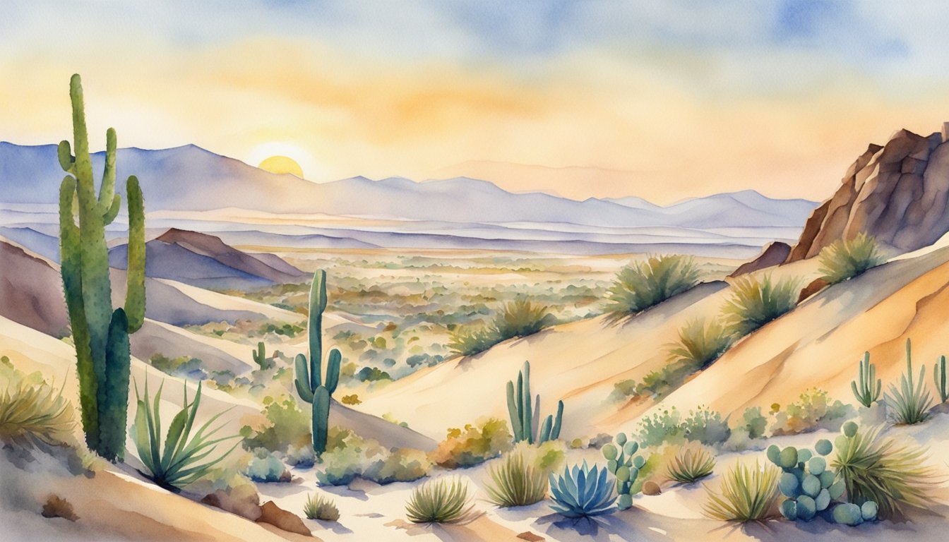 Sand dunes rise and fall in the vast desert landscape.</p><p>Cacti and other hardy plants dot the arid terrain, while the sun beats down relentlessly