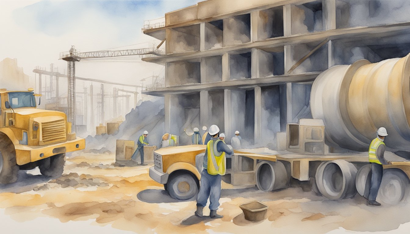 A dusty construction site with broken pipes and insulation, workers without protective gear, and a warning sign about asbestos exposure