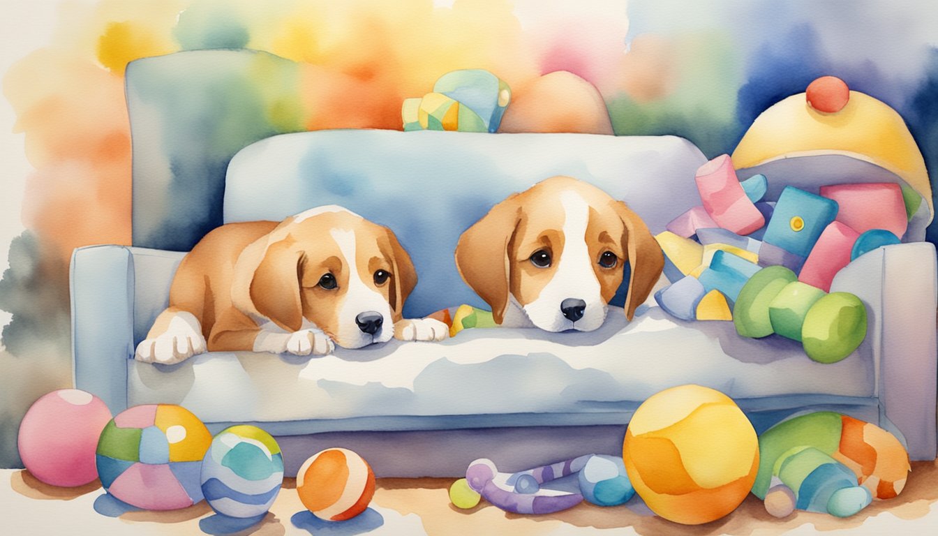 A playful puppy with a bright, curious expression, surrounded by colorful toys and a cozy bed