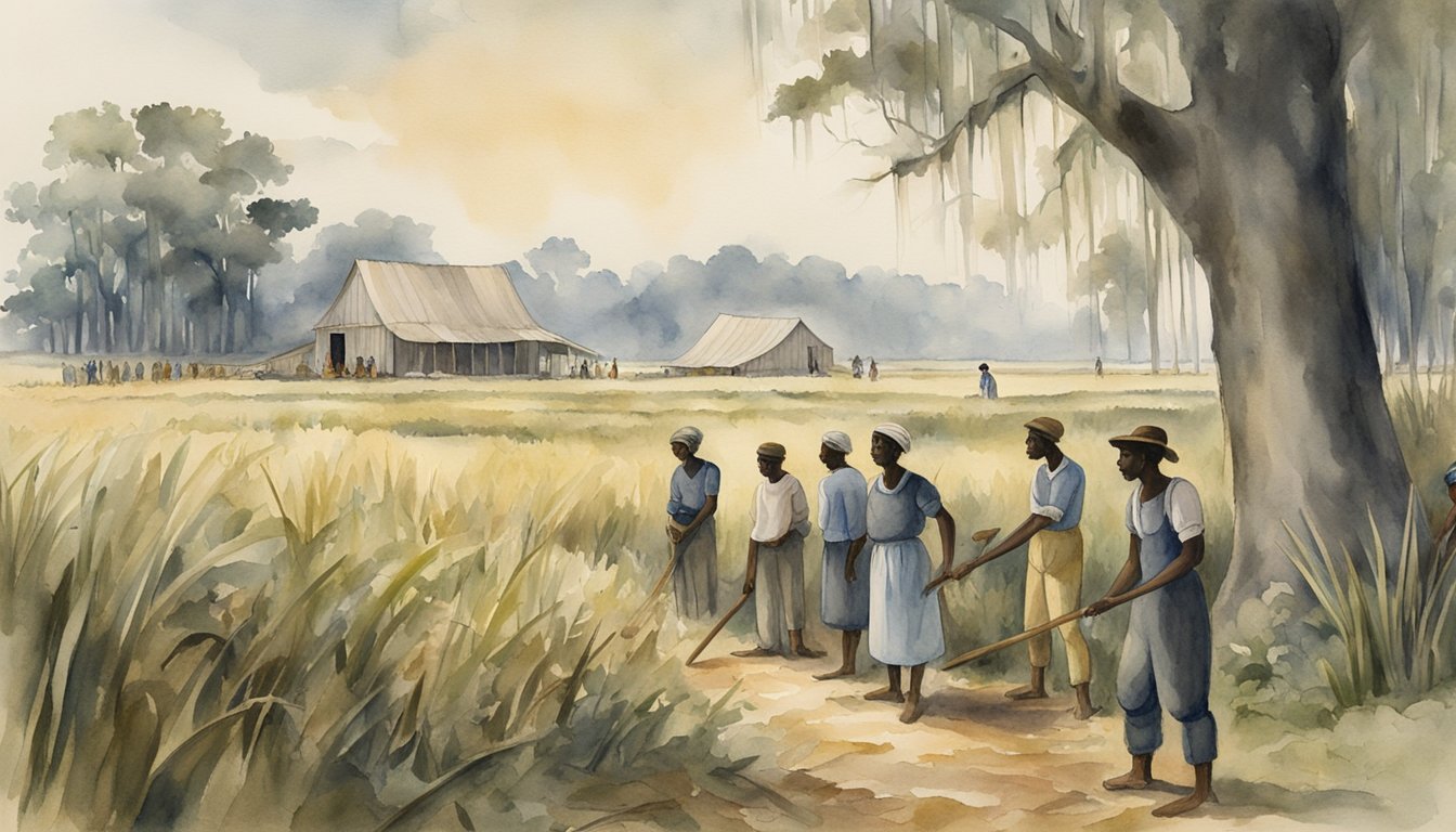 Enslaved people toiling in Louisiana fields, overseer watching.</p><p>Others secretly gather, plotting resistance