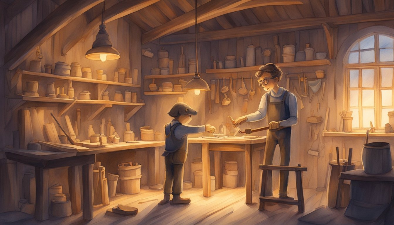 A wooden puppet comes to life, standing in a quaint workshop surrounded by tools and sawdust.</p><p>The warm glow of a fireplace illuminates the scene