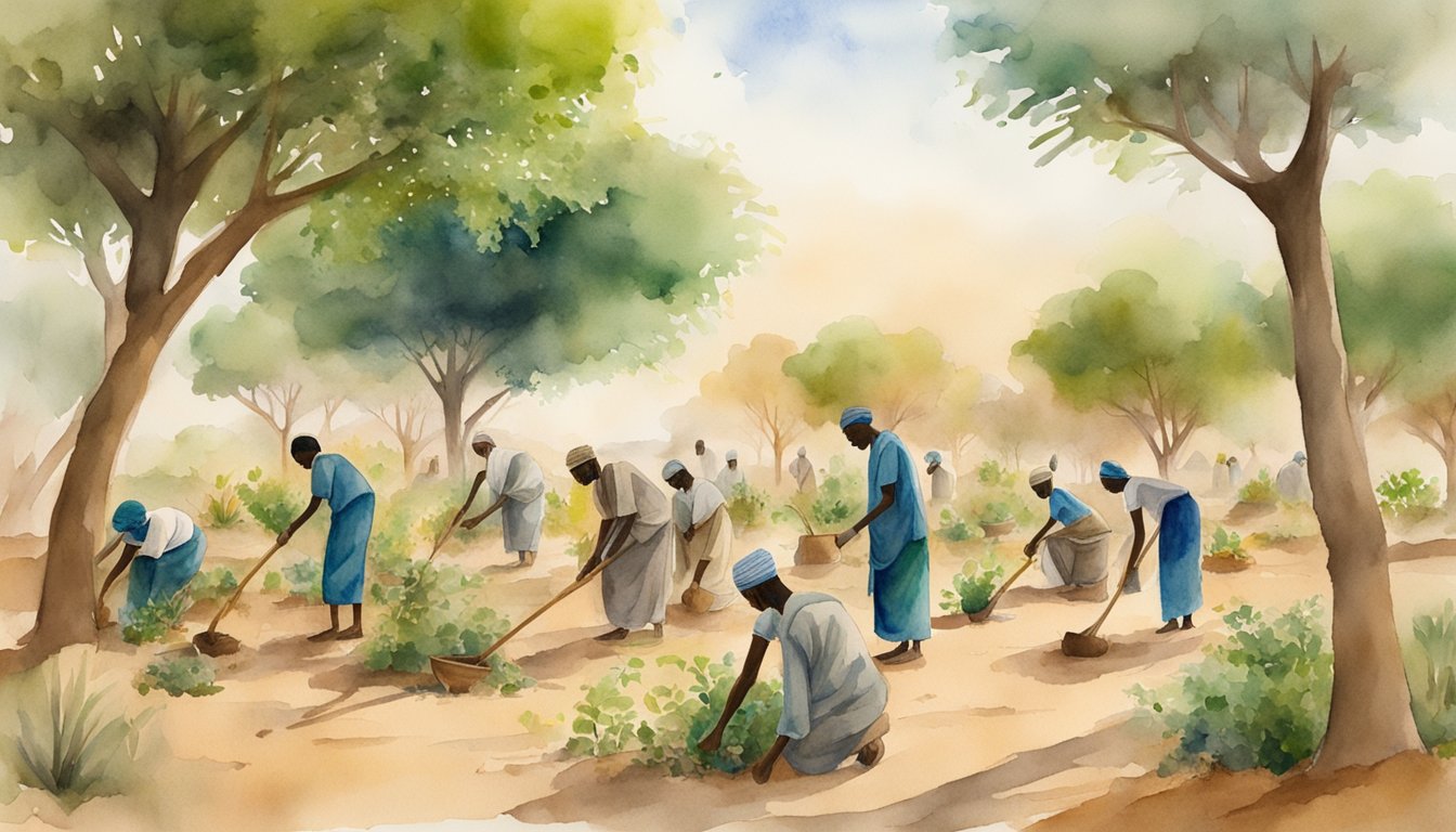 A diverse group of people work together planting trees and building structures along the Great Green Wall of Africa