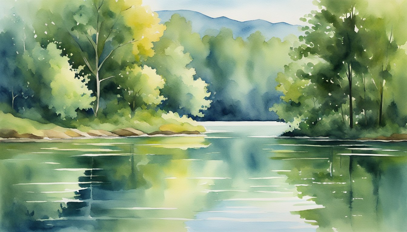 A serene lake surrounded by lush greenery, reflecting the clear blue sky.</p><p>A gentle breeze ripples the water, creating a sense of calm and tranquility