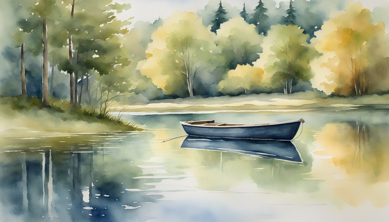 A serene lake reflects the surrounding trees, creating a peaceful atmosphere.</p><p>A small boat floats on the calm water, providing a sense of tranquility