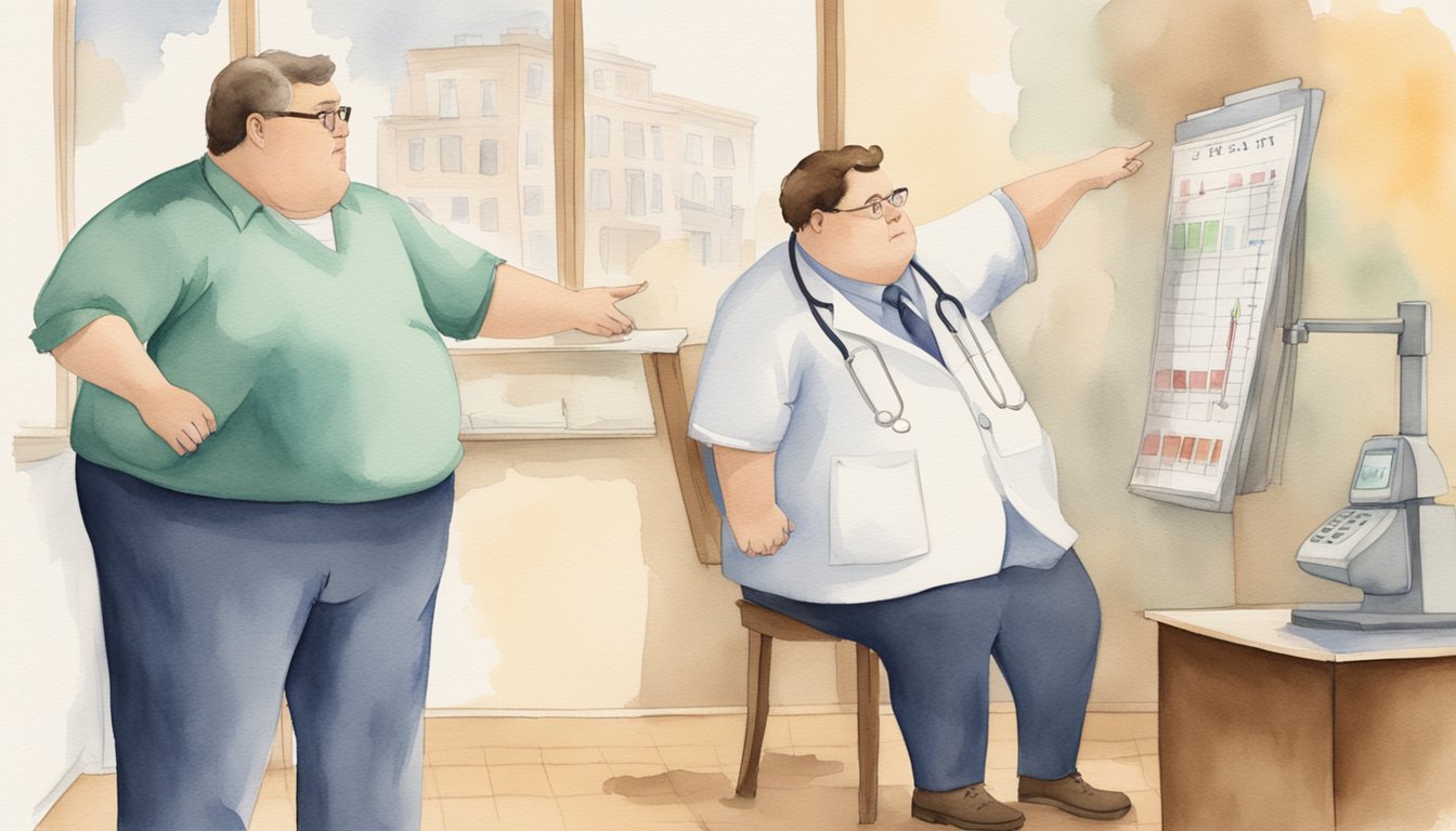 An overweight person standing on a scale with a concerned doctor pointing to a chart showing health risks