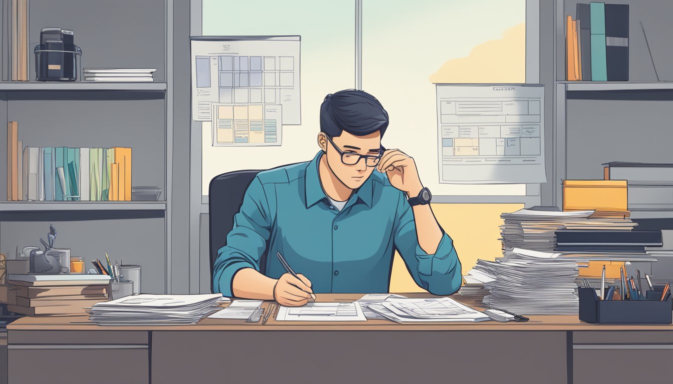 An electrical engineer sitting at a desk, surrounded by financial documents and a calculator, contemplating salary figures in Singapore