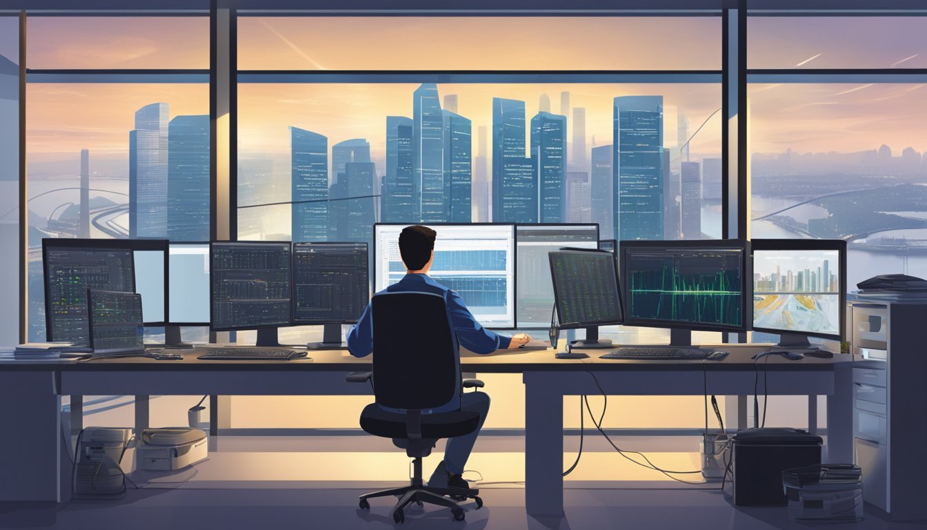 An electrical engineer sitting at a desk, surrounded by computer screens and technical equipment, with a view of the Singapore skyline through a window