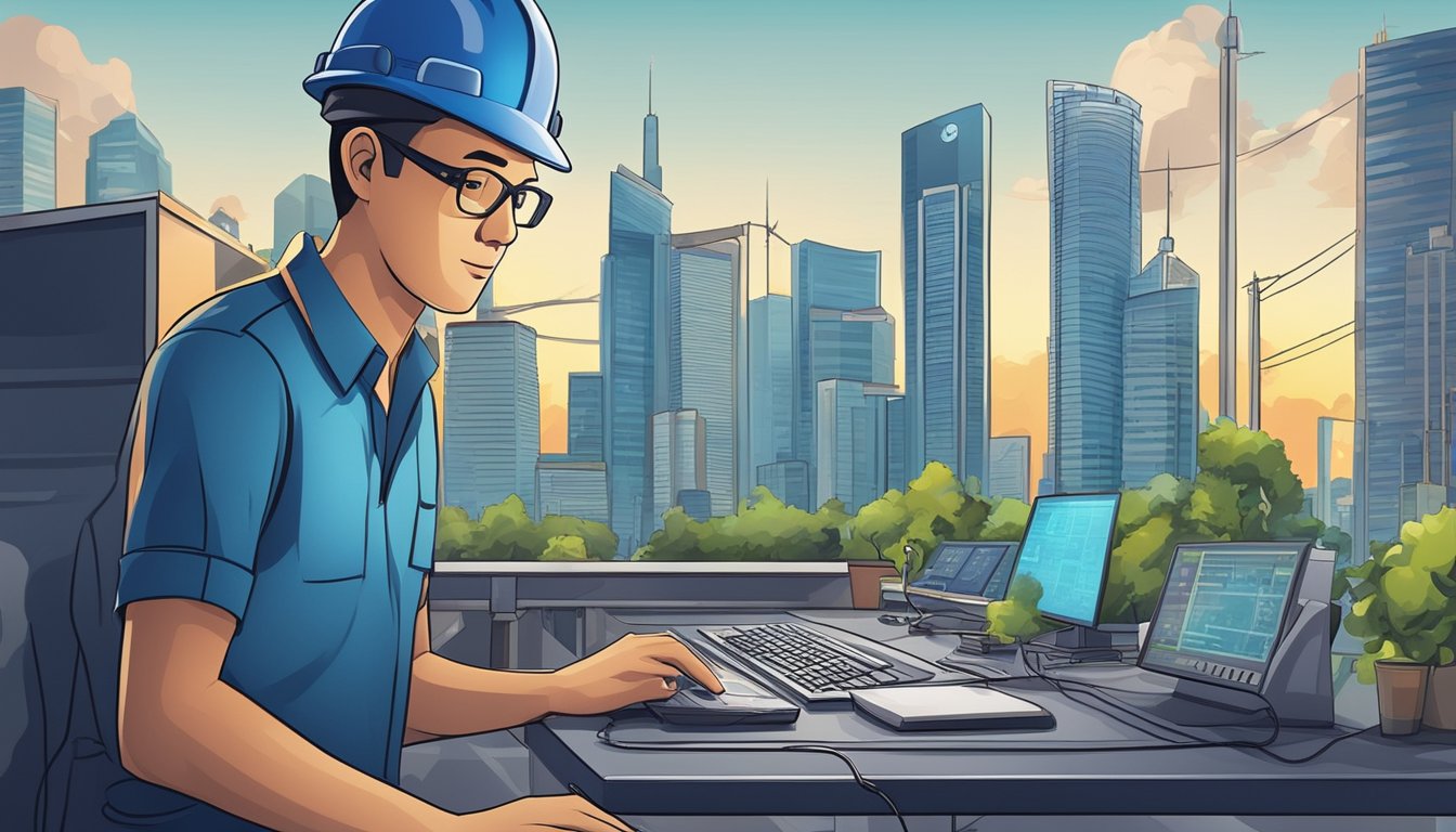 An electrical engineer in Singapore earns a competitive salary. The scene could depict a modern city skyline with engineering symbols and a dollar sign