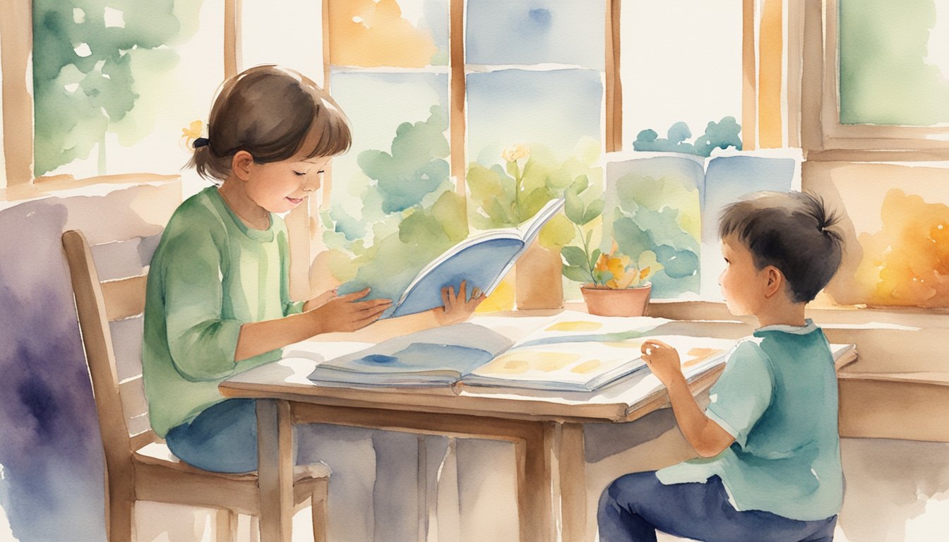 A child points to a picture book while an adult gestures and speaks, engaging in a conversation