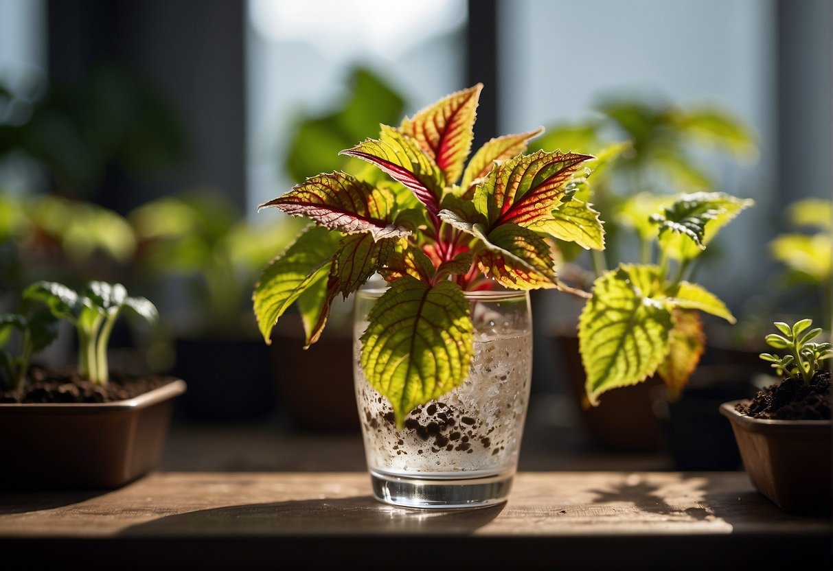 A vibrant coleus plant sits in a well-lit room, surrounded by rich soil and watered regularly. A small cutting is placed in a glass of water, ready to propagate. The plant is thriving under proper care