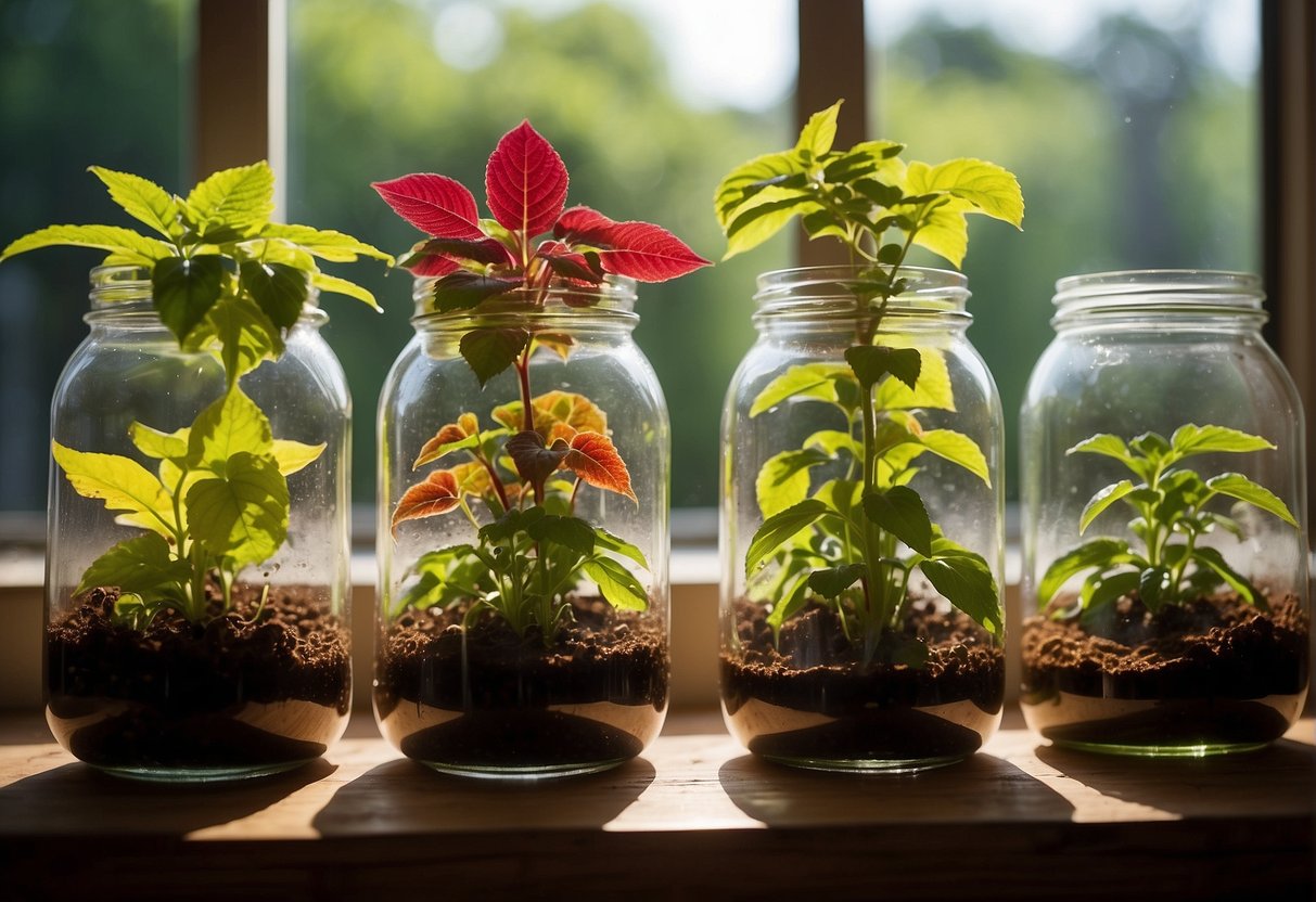 Vibrant Cretona (coleus) cuttings in water-filled jars, placed near a sunny window. Lush, healthy plants in various stages of growth, surrounded by care supplies and nurturing tools