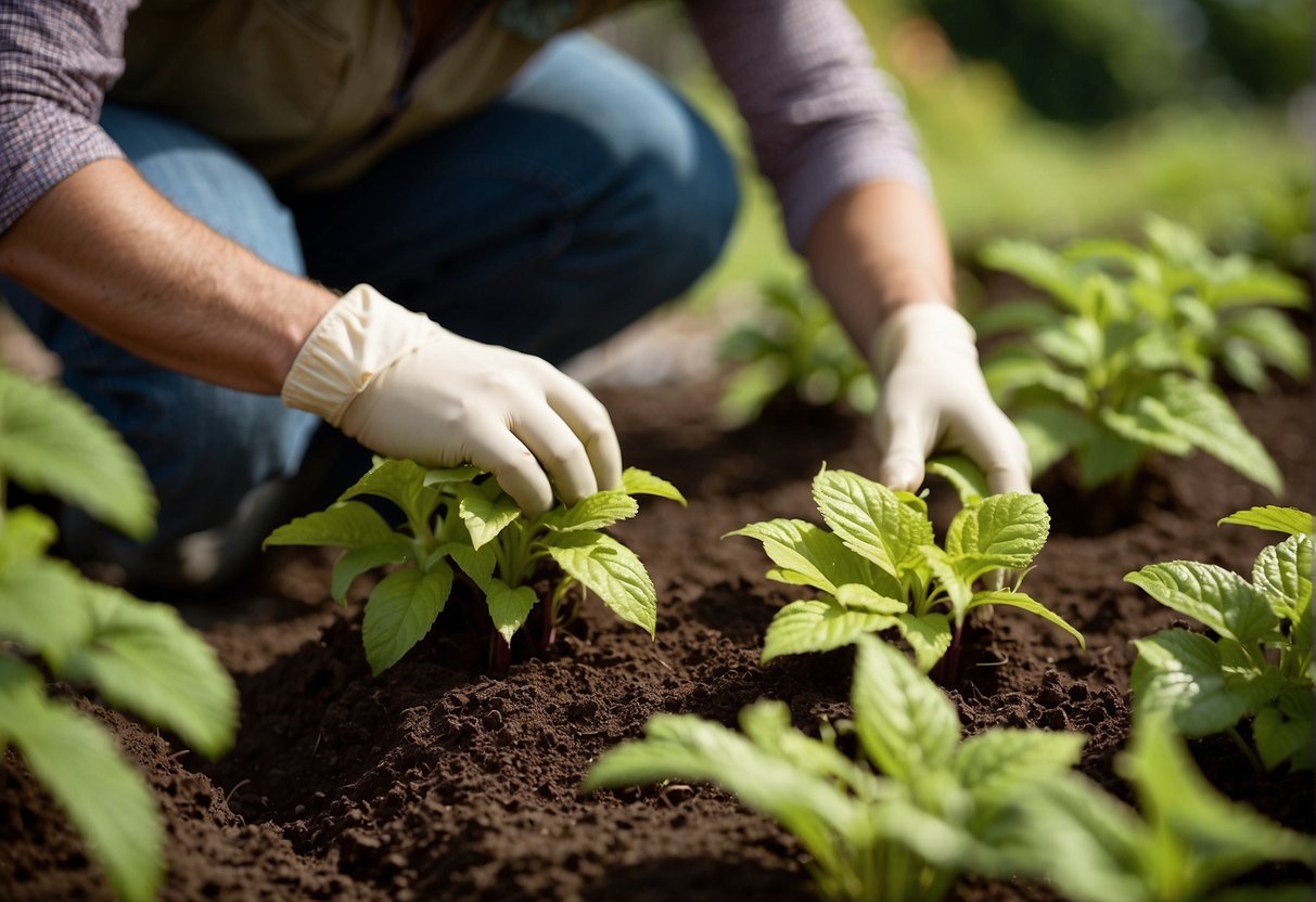 A gardener plants Cretona (coleus) cuttings in rich soil, gently pressing them down. Nearby, another gardener carefully digs up a mature Cretona plant, preparing it for transplanting into a larger pot