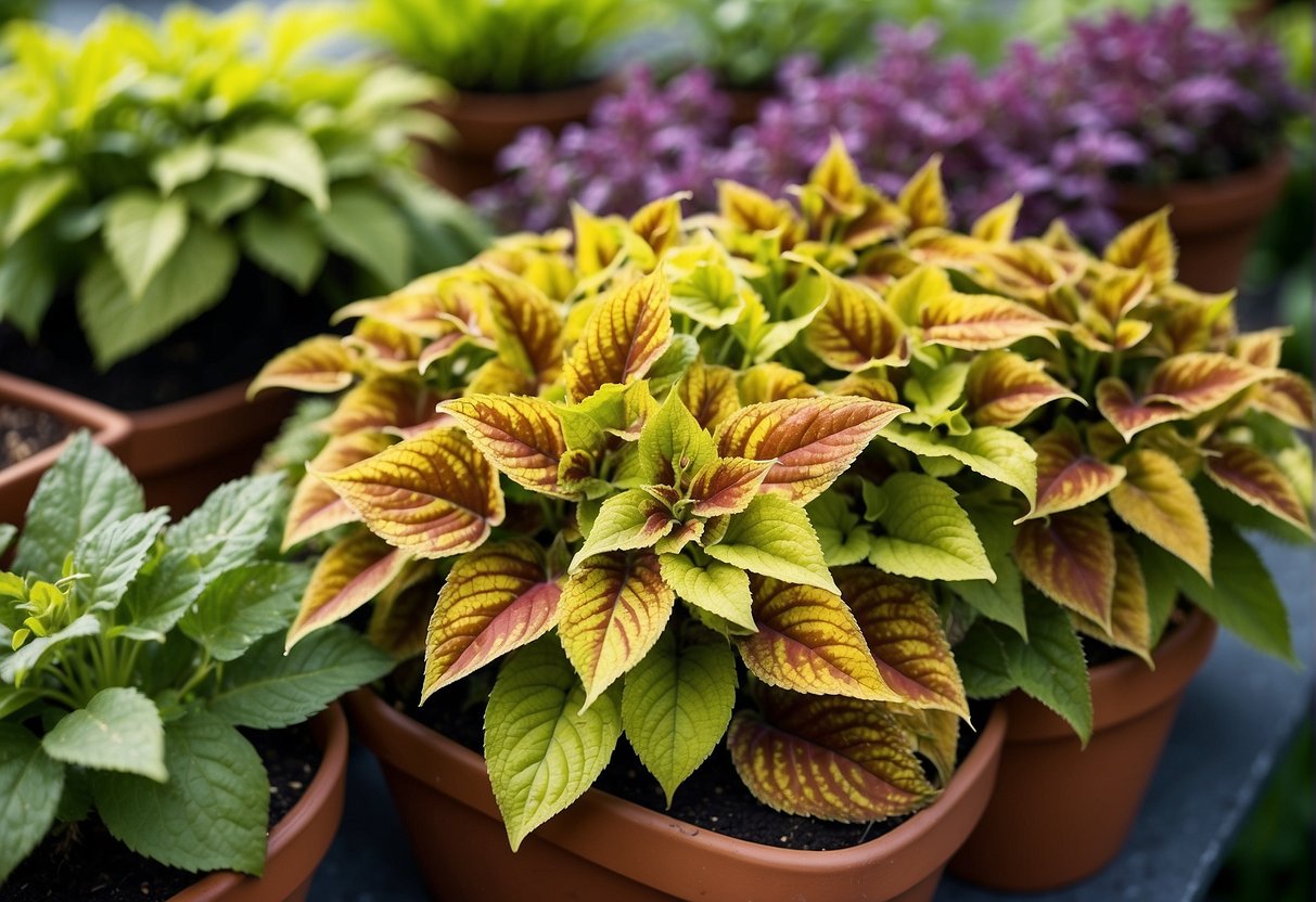 A vibrant display of various coleus varieties, showcasing their unique leaf shapes, colors, and patterns. Lush cretona plants thriving in well-maintained pots, surrounded by gardening tools and care instructions