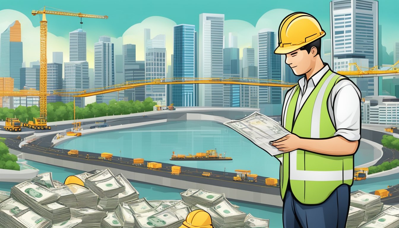 A civil engineer in Singapore receives typical salary and compensation. The scene includes a city skyline, construction sites, and a paycheck with currency symbols