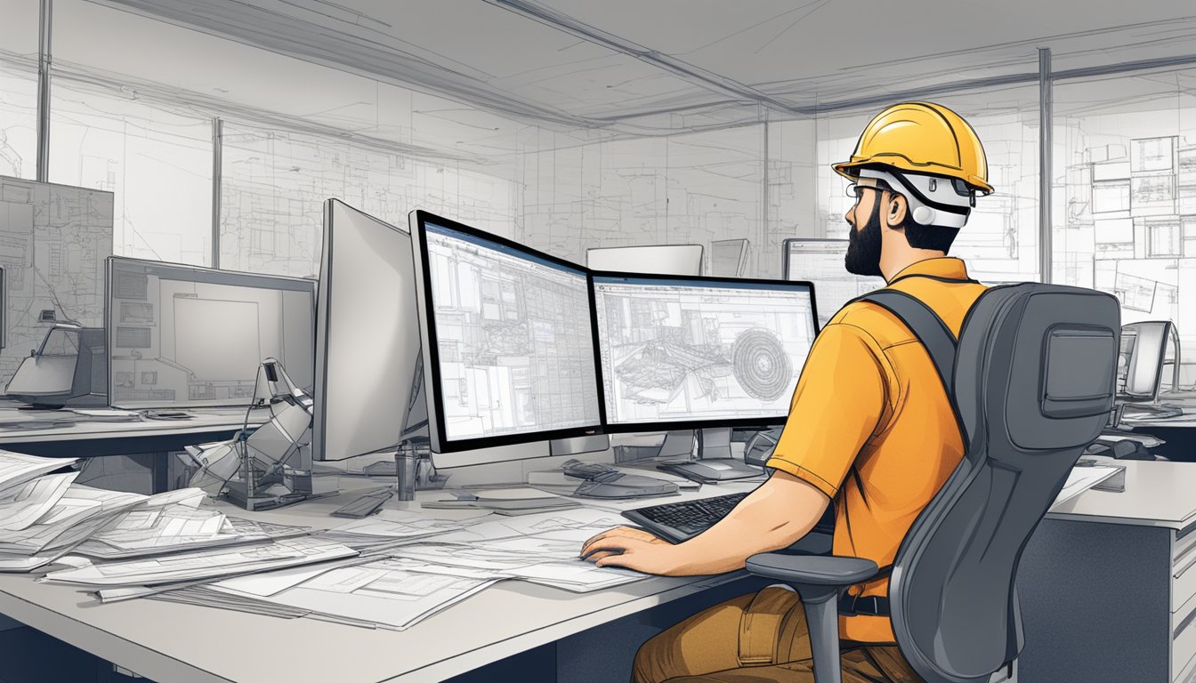 A civil engineer sits at a cluttered desk in a modern office, surrounded by blueprints and technical drawings. A computer screen displays complex engineering software, while a hard hat and safety vest hang on the back of the chair