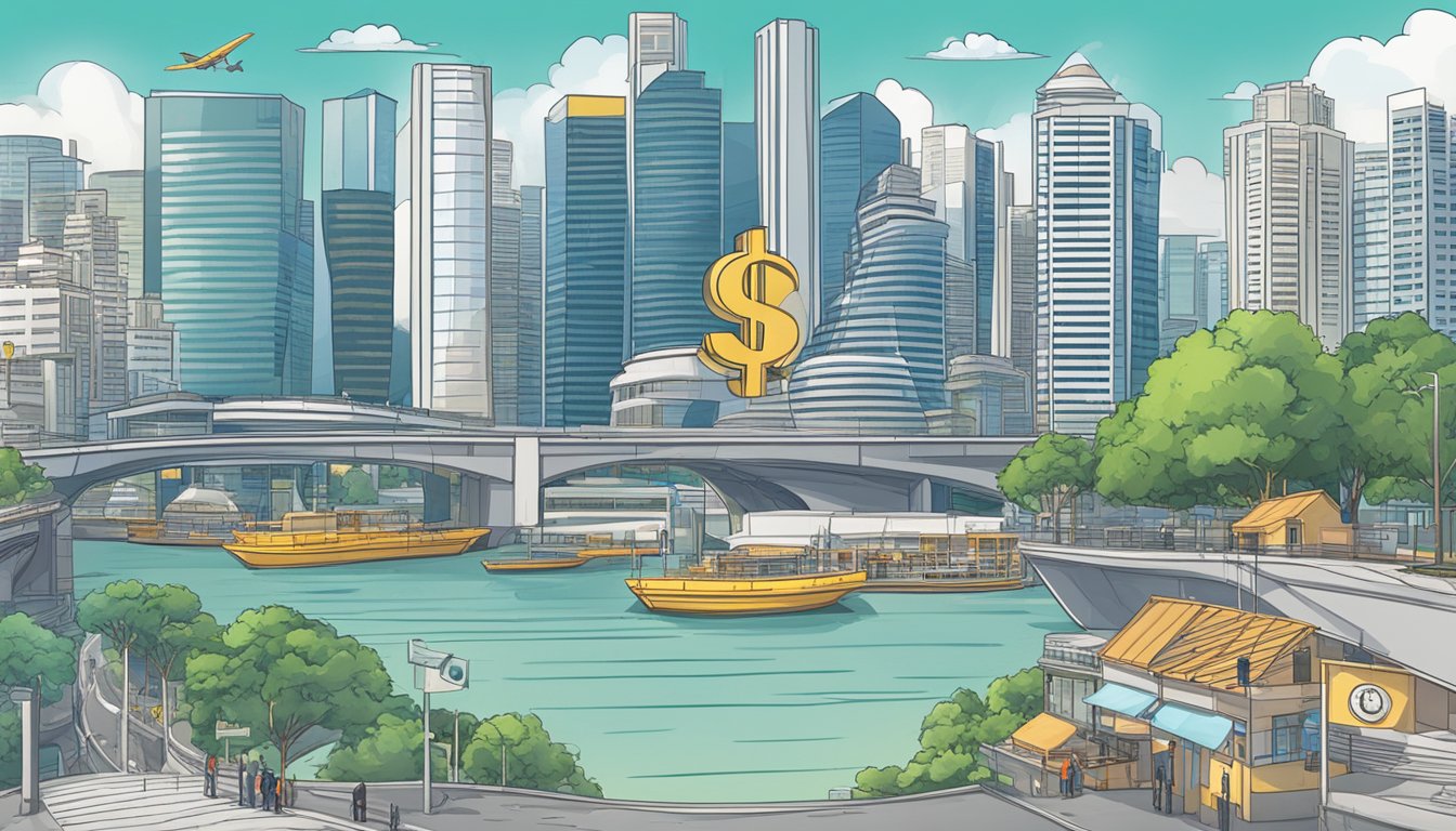 A civil engineer's salary in Singapore is the focal point of the scene, with a city skyline in the background and a dollar sign representing the pay
