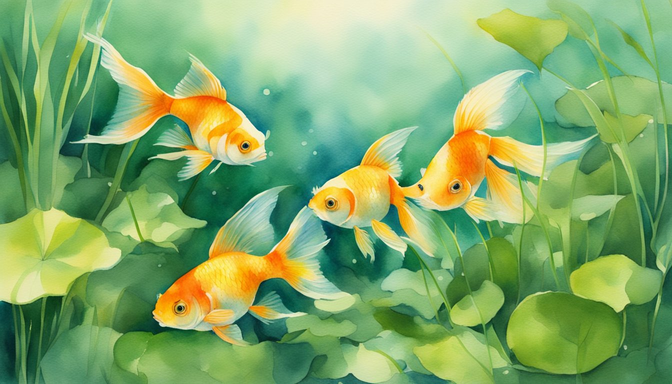 Goldfish released into clear water, surrounded by green aquatic plants and sunlight filtering through the surface