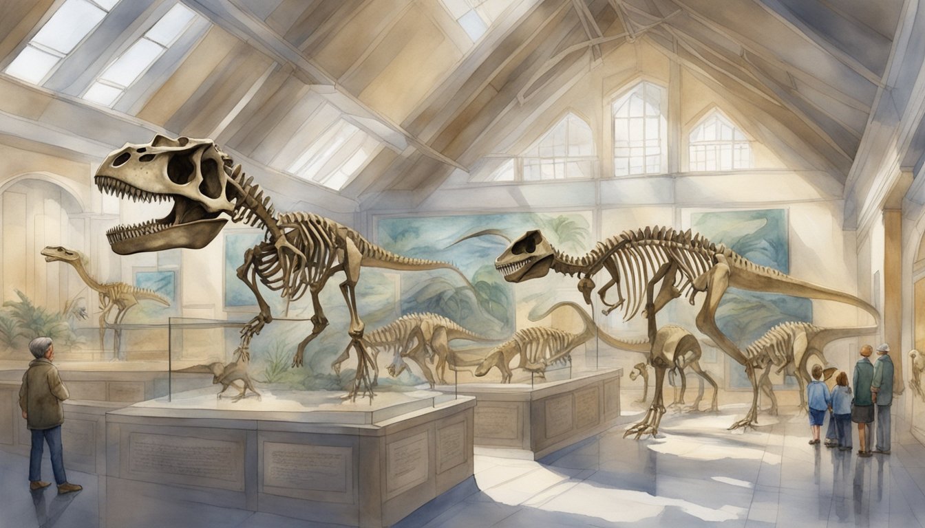 Several dinosaur skeletons displayed in a museum setting, with informational plaques and interactive exhibits