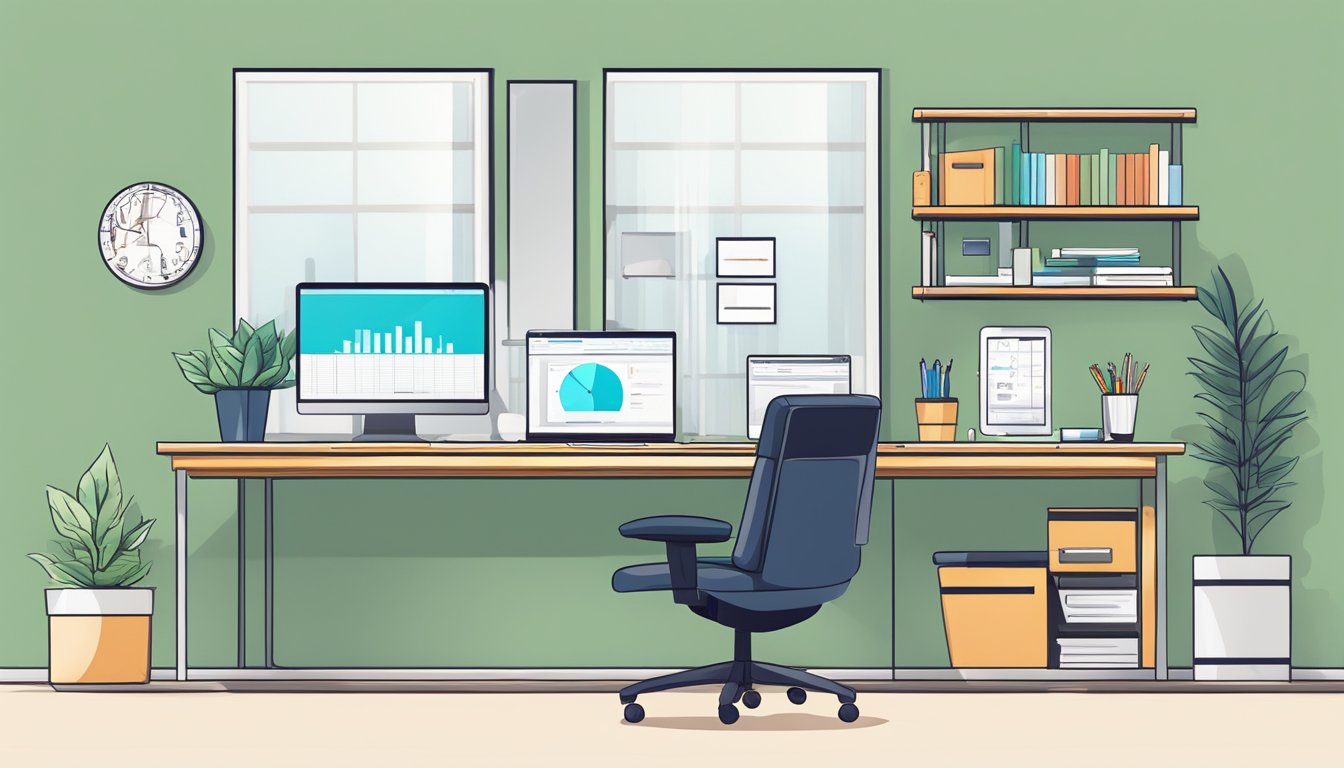 A modern office space with clean lines and minimalist furniture. A computer and design software on a desk. A salary report on a screen