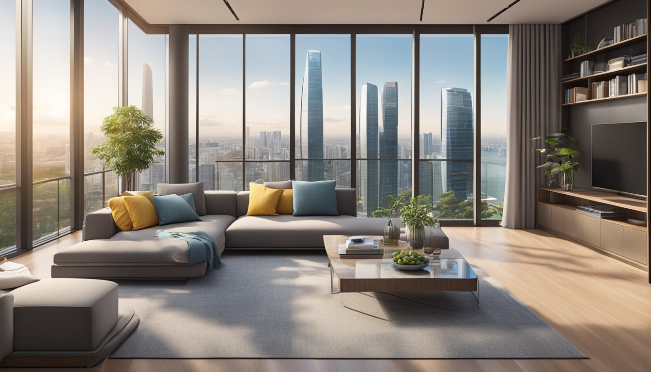 An upscale Singaporean living room with modern furniture and a view of the city skyline through floor-to-ceiling windows