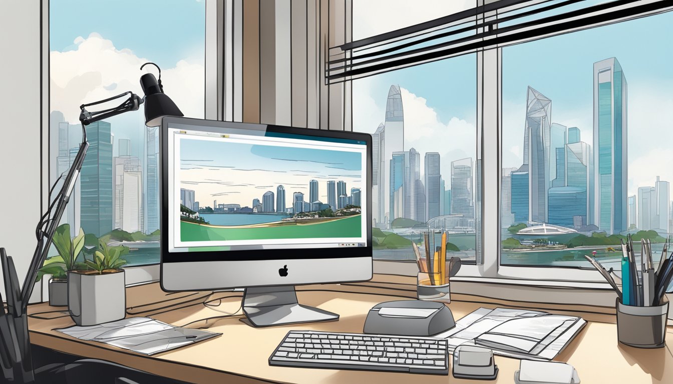 An interior designer's desk with a computer, color swatches, and drafting tools. A window with a view of Singapore's skyline in the background