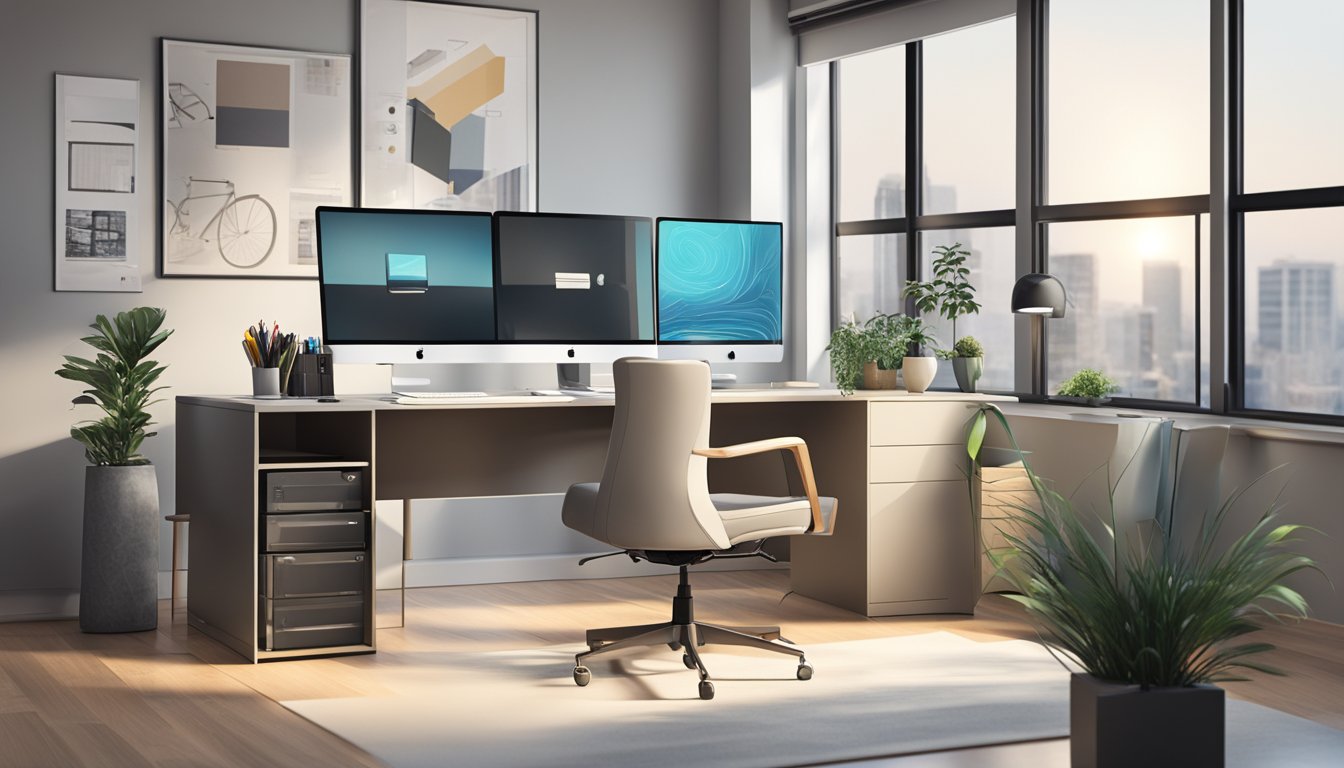 A modern office with sleek furniture, large windows, and plenty of natural light. A computer workstation with design software and a mood board on the wall