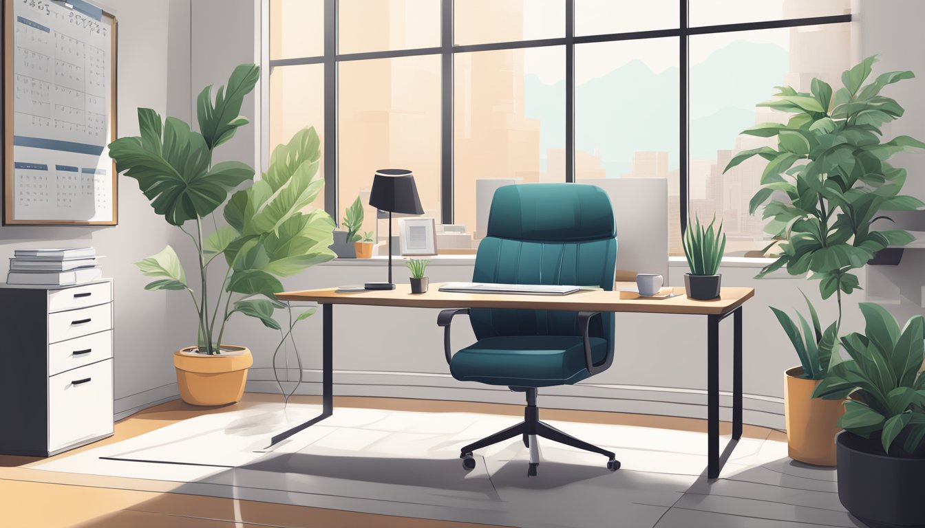 A modern office with a sleek desk, computer, and chair. A wall calendar and potted plant add a touch of personality