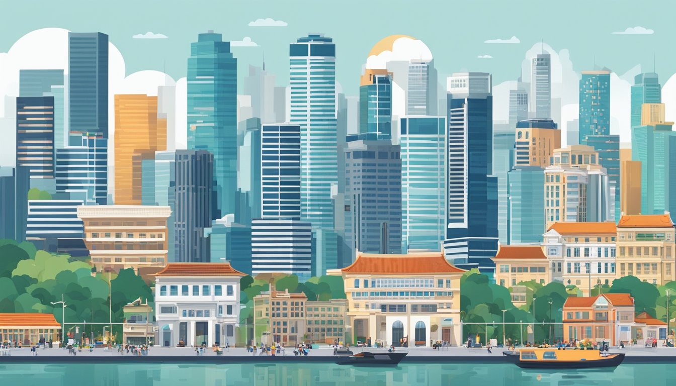 A bustling city skyline with a mix of modern skyscrapers and traditional buildings, showcasing the dynamic and diverse job market in Singapore for social workers