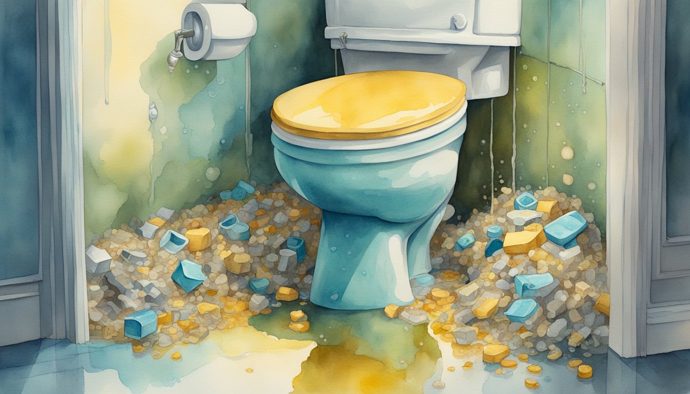 A toilet overflowing with kitty litter, surrounded by leaking pipes and contaminated water