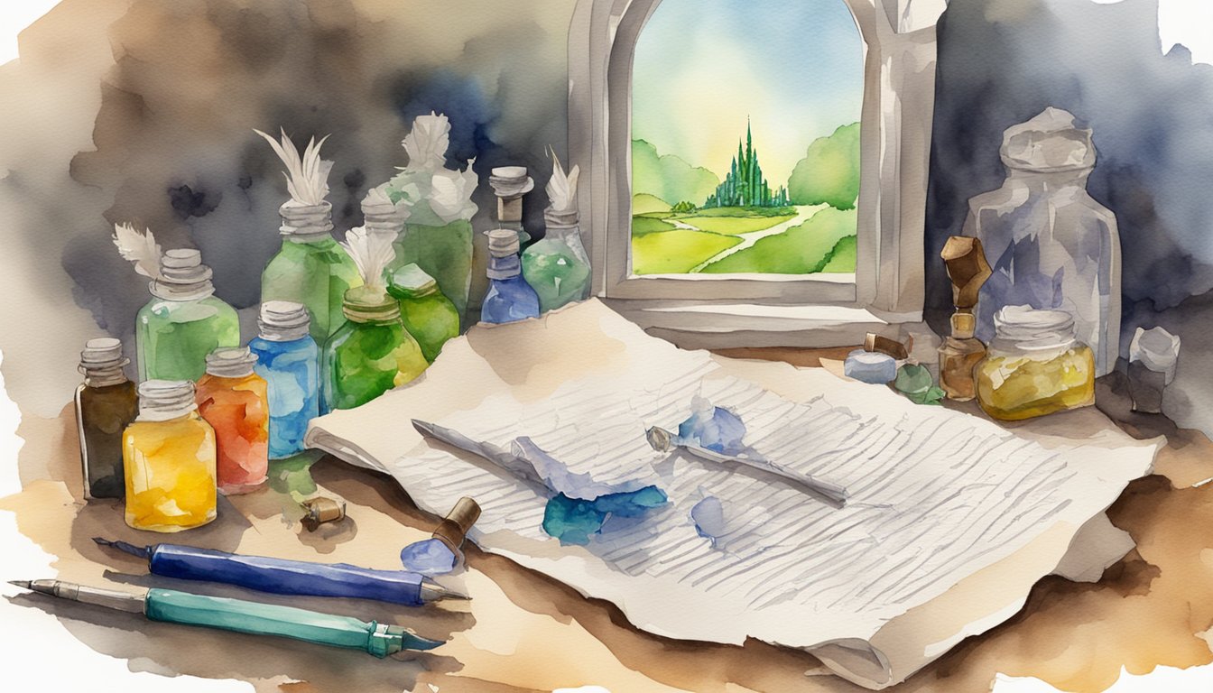 A quill pen writes "The Wizard of Oz" on a blank page, surrounded by scattered ink bottles and crumpled papers