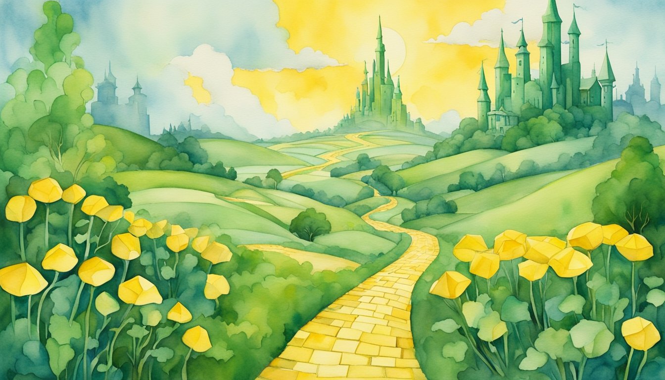 The iconic yellow brick road winds through a fantastical landscape, leading to the Emerald City.</p><p>Symbols of courage, heart, and brains are scattered along the path, representing the enduring legacy of "The Wizard of Oz."