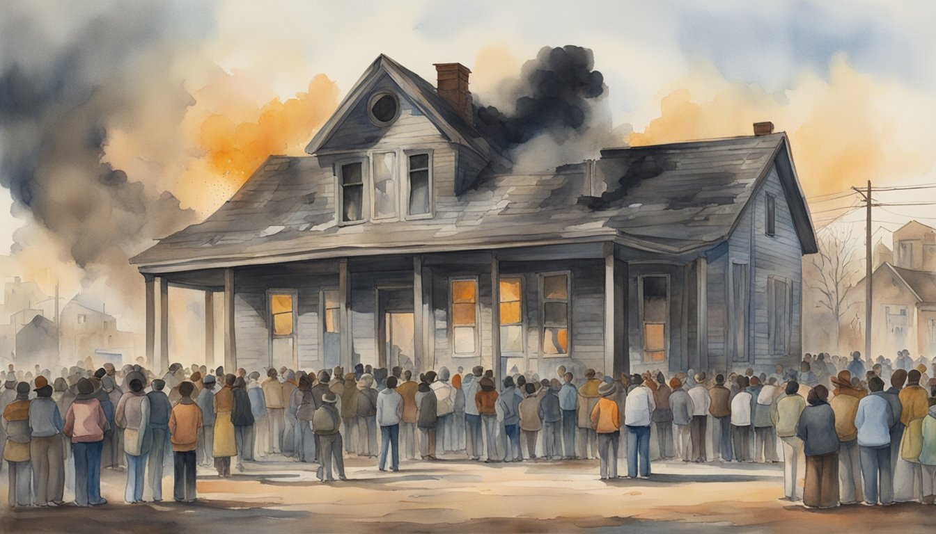 A crowd gathers in front of a burned-down schoolhouse, with signs of racial tension and opposition failures of reconstruction evident in the broken windows and graffiti-covered walls