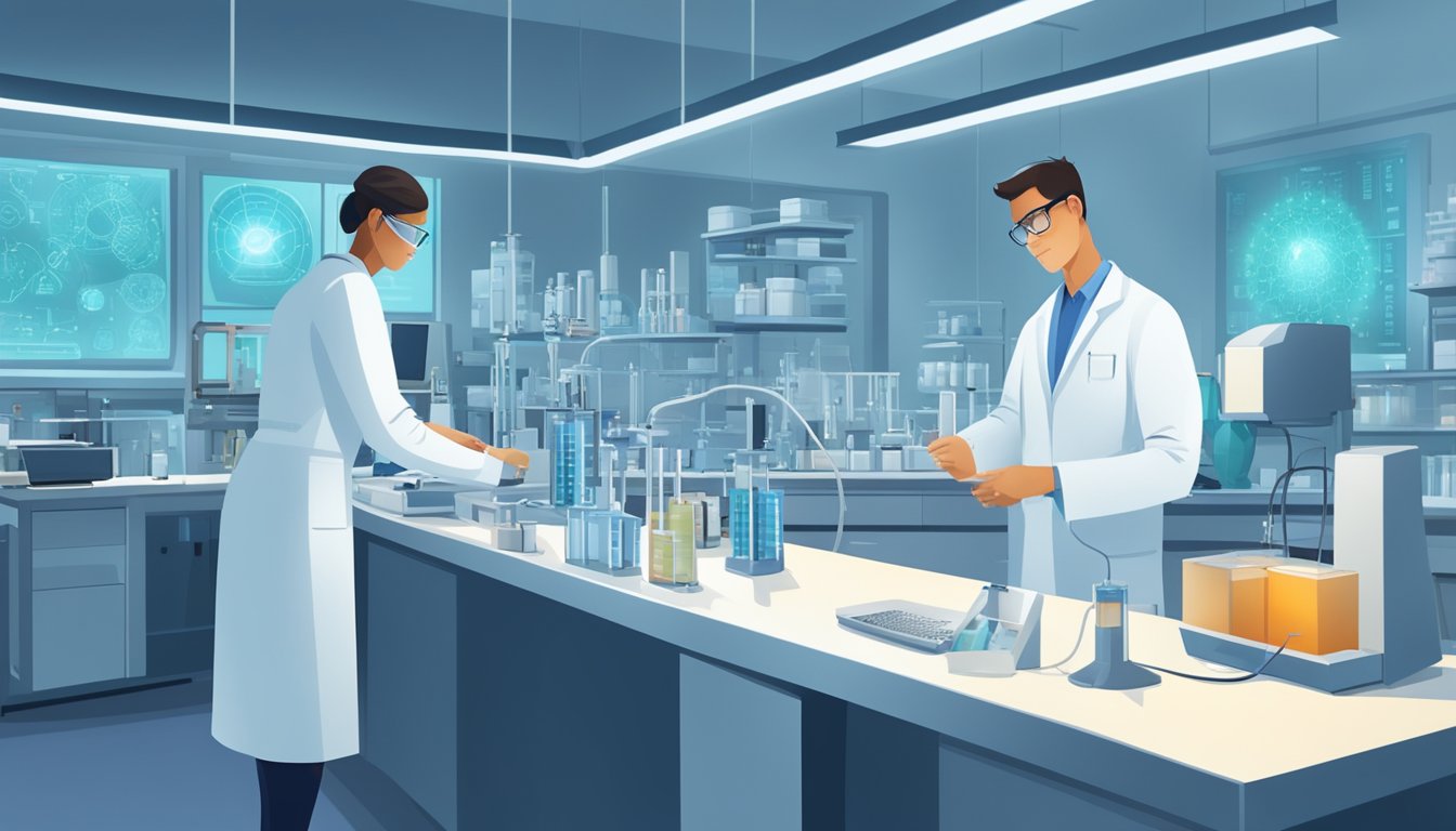 A medical technologist works in a modern laboratory, surrounded by advanced equipment and technology. The setting is clean, organized, and well-lit, with a professional atmosphere