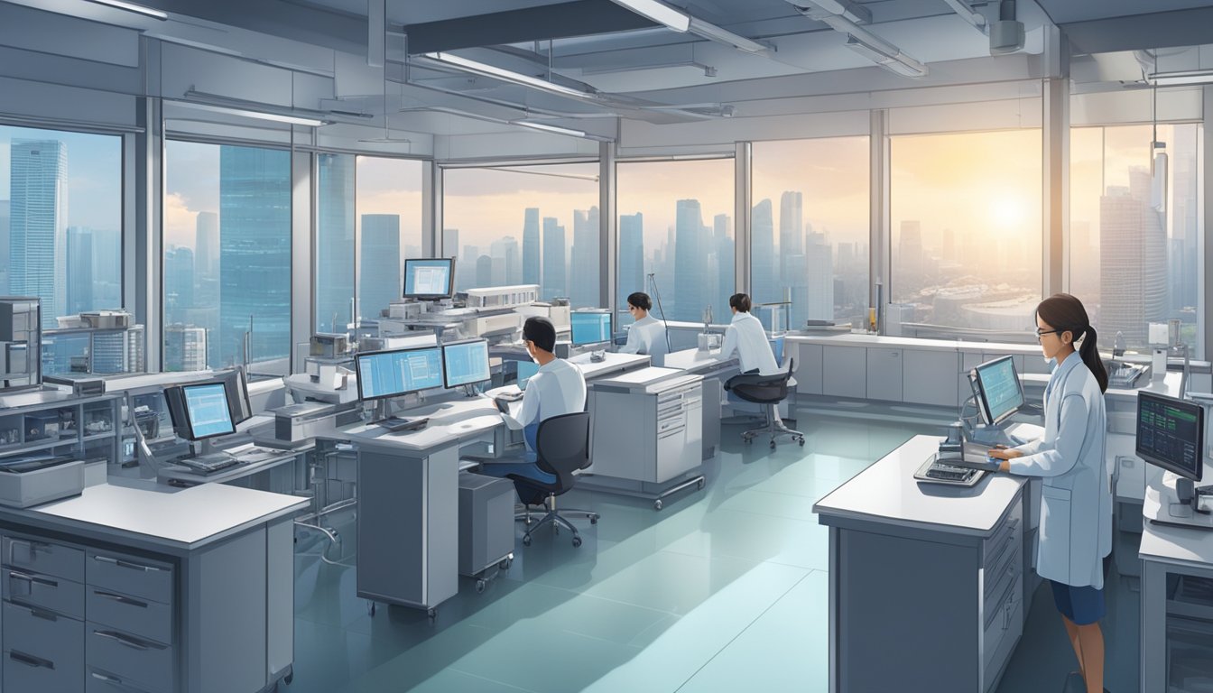 A medical technologist works in a modern laboratory setting in Singapore, surrounded by advanced equipment and technology. The city's skyline is visible through the windows, showcasing the urban geographical impact on pay rates