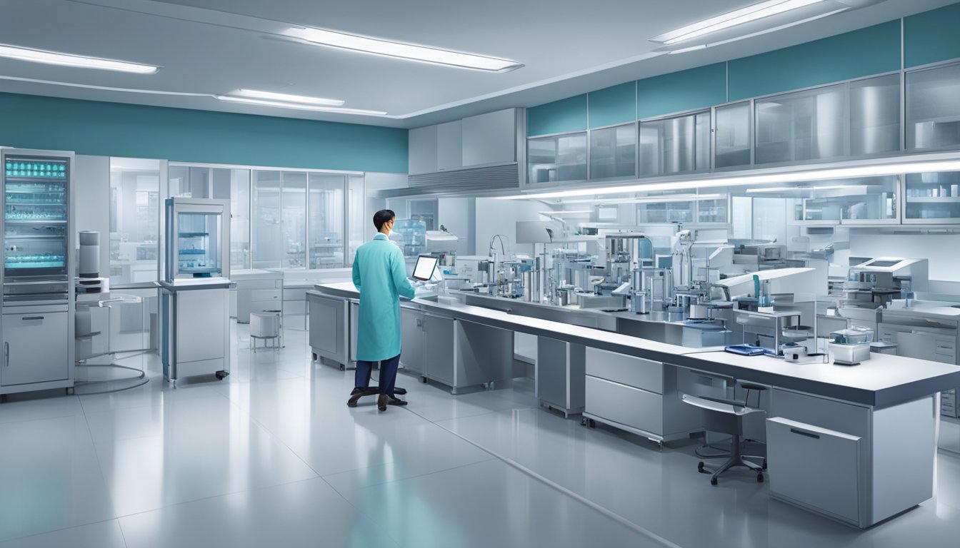 A medical technologist works in a modern laboratory in Singapore, surrounded by advanced equipment and technology. The setting is clean, organized, and professional