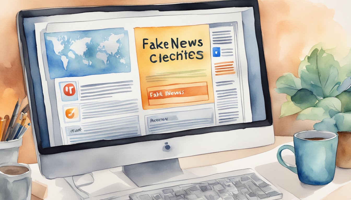 A computer screen displays a social media platform with a "fake news" warning label.</p><p>Users engage with fact-checking tools and report suspicious content