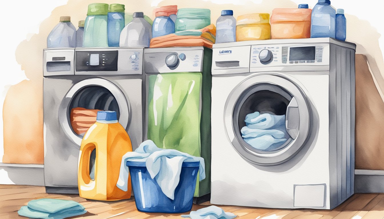 A washing machine filled with workout clothes and a bottle of laundry detergent.</p><p>Suds and water agitating the garments, illustrating effective washing techniques for workout gear