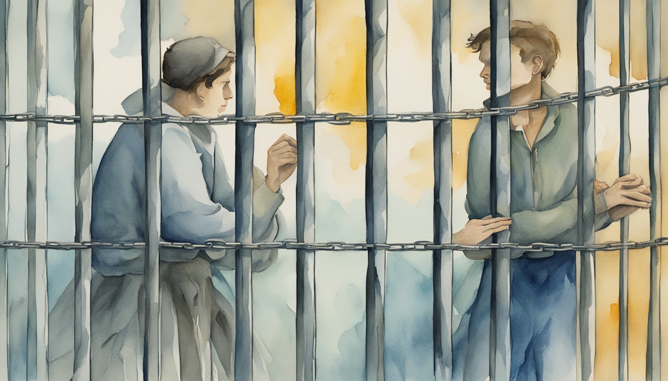 A figure behind bars with a broken chain symbolizing punishment, while another figure is shown breaking free from chains, symbolizing rehabilitation