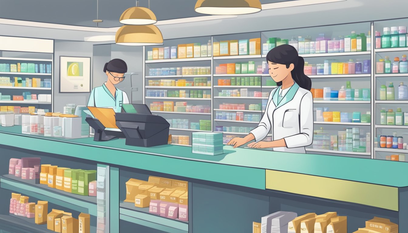 A pharmacist in Singapore counts money at a modern pharmacy counter
