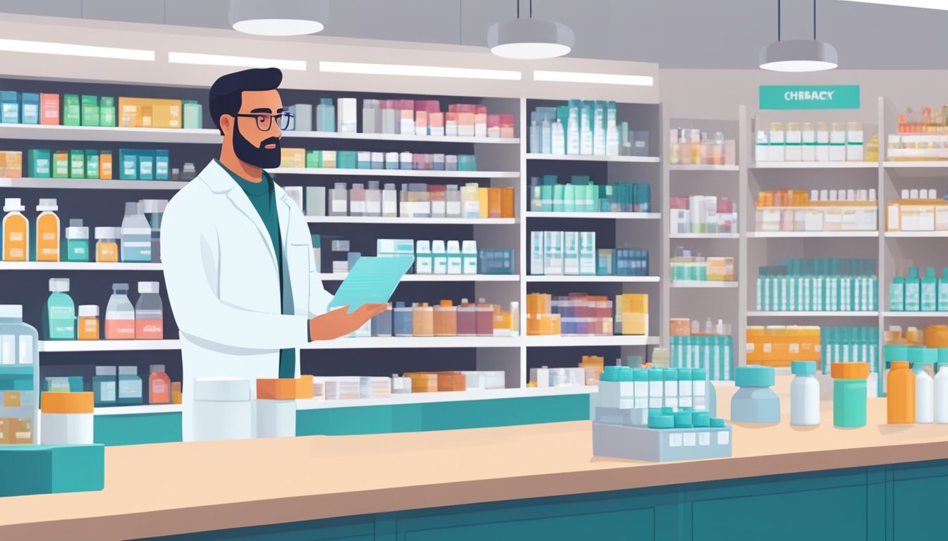 A pharmacist stands behind a counter in a modern pharmacy, surrounded by shelves of medication and medical supplies. The pharmacist is busy attending to customers and organizing inventory