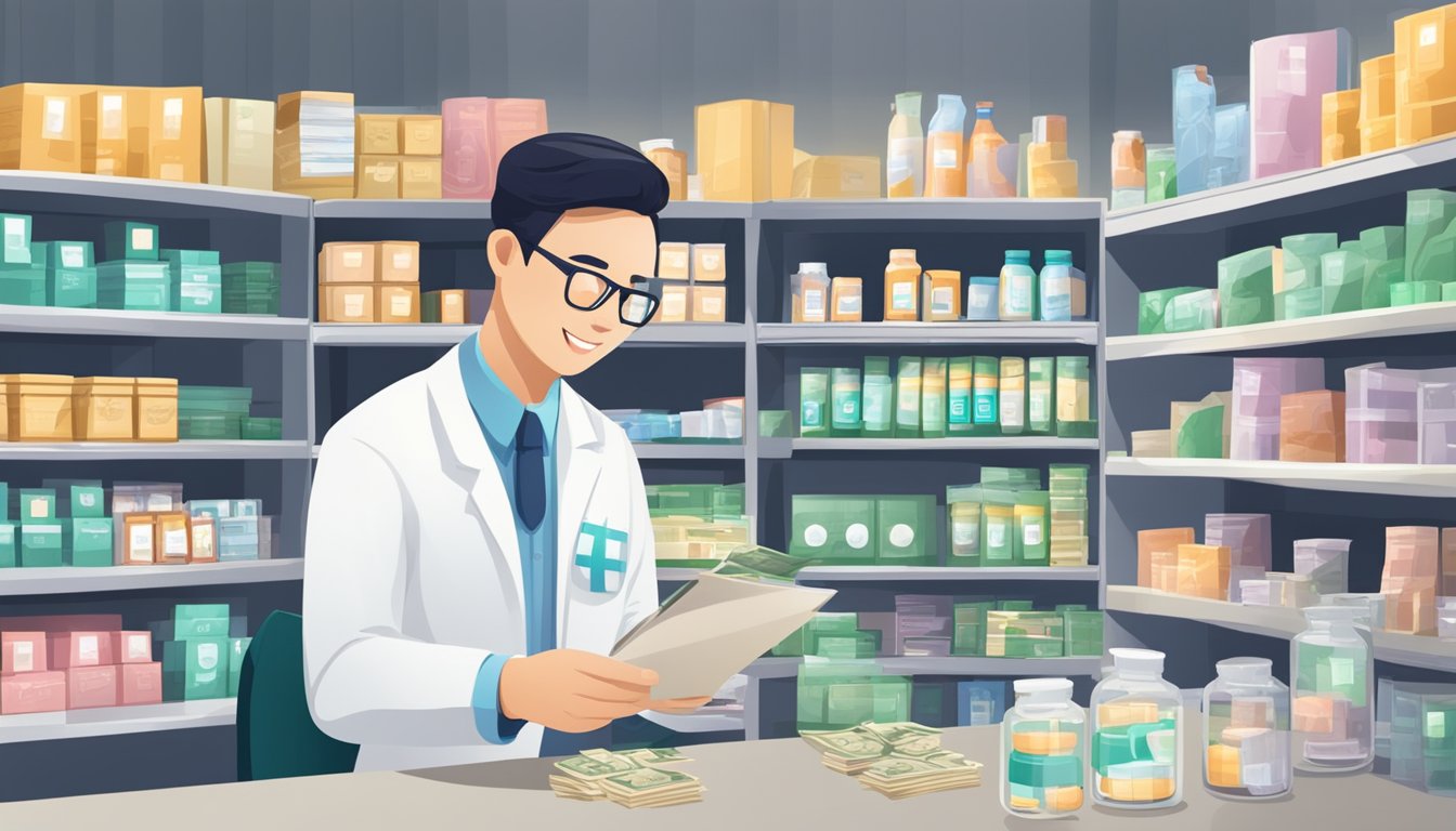 A pharmacist in Singapore counts money and reviews benefits package