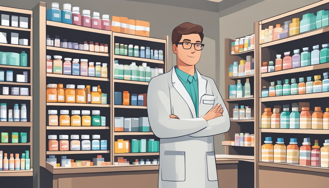 A pharmacist stands behind a counter, surrounded by shelves of medications. A salary chart on the wall shows increasing earnings over time