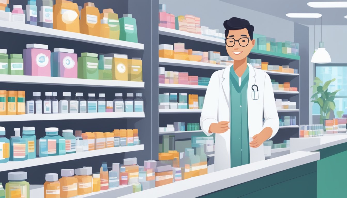A pharmacist stands behind a counter in a modern pharmacy, surrounded by shelves of medication. A sign above the counter reads "Frequently Asked Questions: How Much Does a Pharmacist Make in Singapore?"