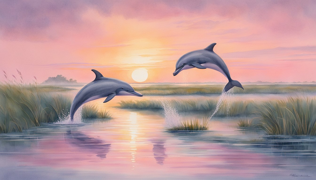 Pink dolphins swim gracefully in the calm waters of Louisiana, their sleek bodies gliding through the pink-tinged waves as the sun sets behind the marshes