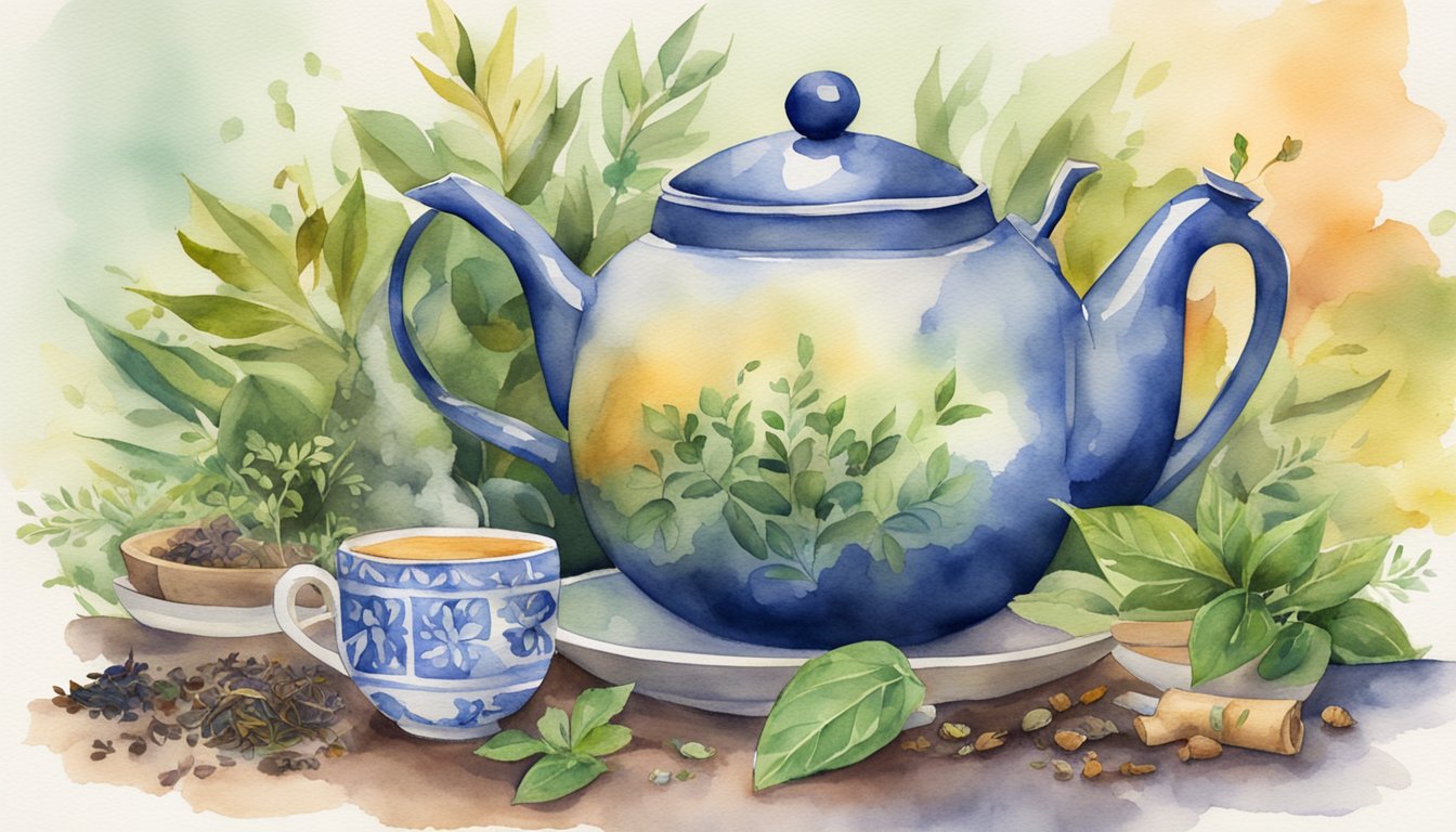 A steaming teapot sits on a table surrounded by various types of tea leaves and herbs, with a sign reading "Teetotalism" in bold letters